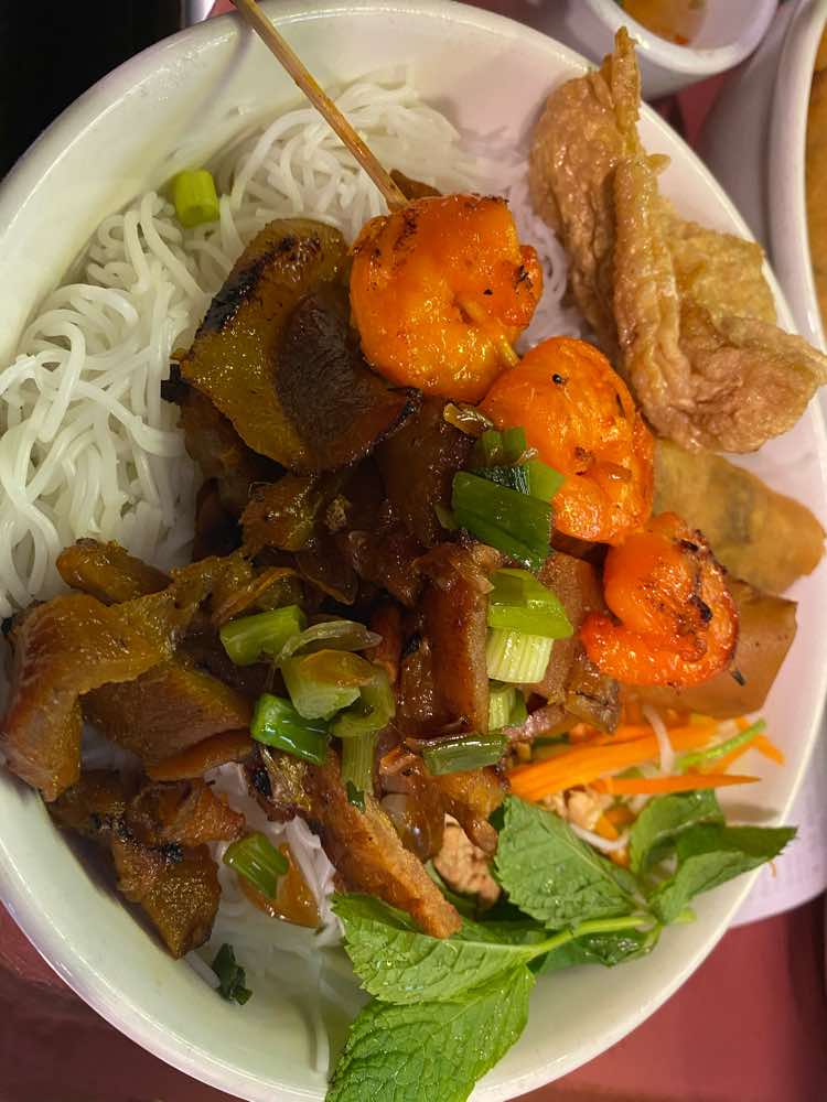 53. Grilled Meat, Grilled Shrimps, Egg Rolls, Stuffed Bean Curds over Vermicelli